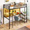 Twin size loft bed in black with desk, LED lights, and two storage shelves for maximizing space in a stylish setup.