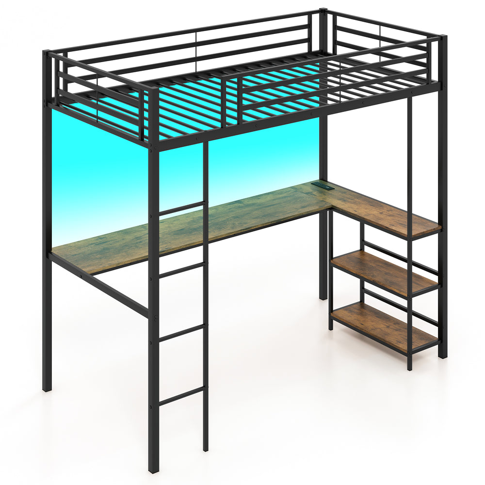 Twin size loft bed in black with desk and two storage shelves, featuring customizable LED lights and safety guardrails.