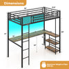 Twin size loft bed in black with desk and two storage shelves, featuring dimensions and safety details for space.
