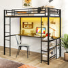 Twin size loft bed in black with desk, LED lights, and two storage shelves for efficient space utilization.