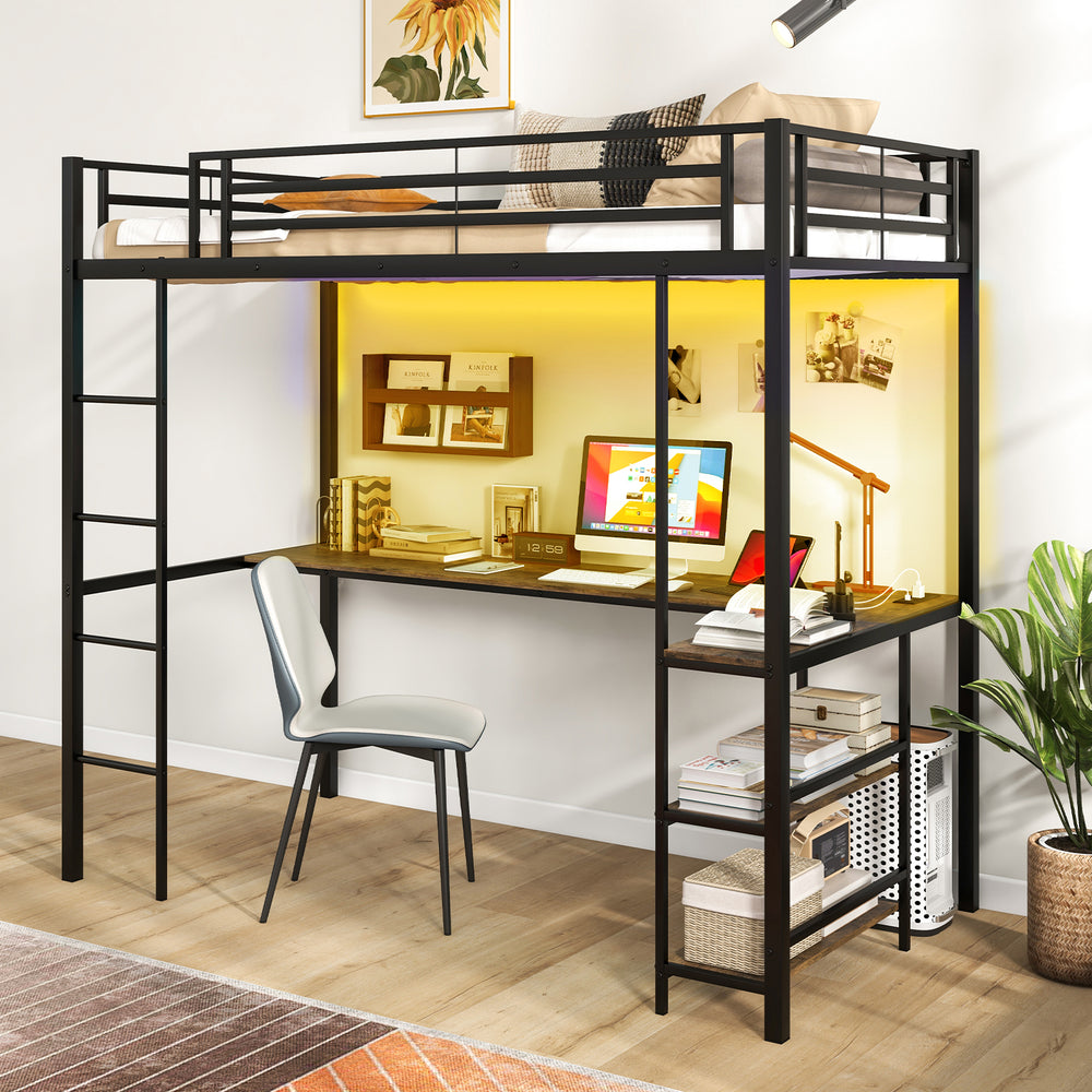 Twin size loft bed in black with desk, LED lights, and two storage shelves for efficient space utilization.