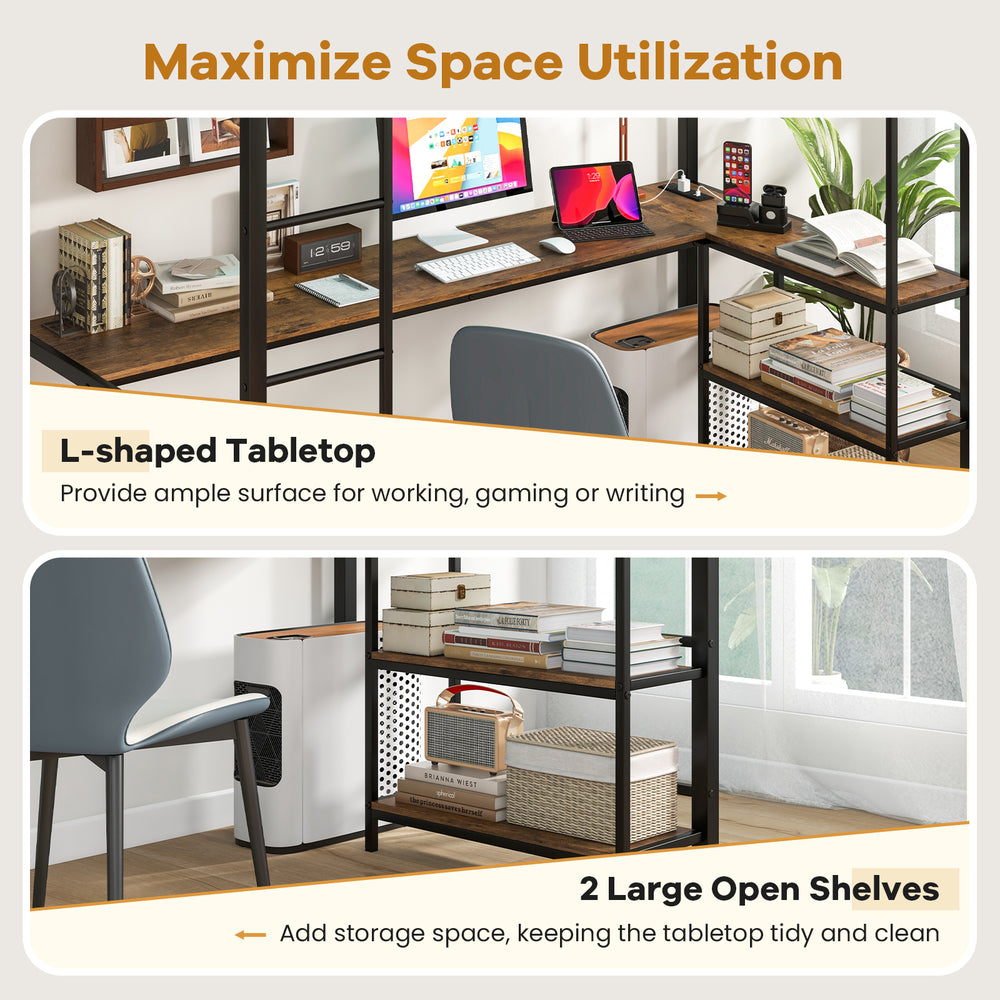 L-shaped tabletop with 2 large open shelves on a twin size loft bed, ideal for working, gaming, or studying.