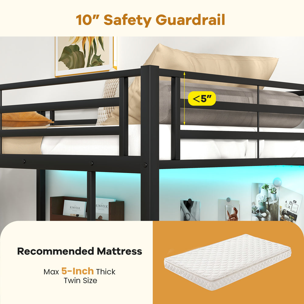Twin size loft bed with black finish, 10" safety guardrail, desk, and two storage shelves for space-saving.