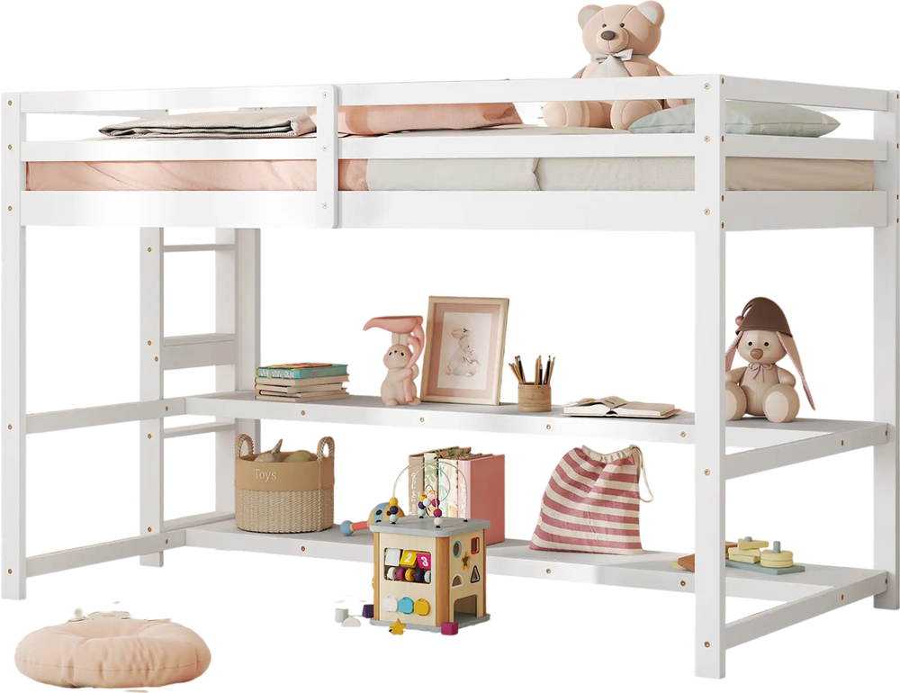 Twin size loft bed with a solid pine wood frame and spacious storage shelves, perfect for creating a cozy study nook.
