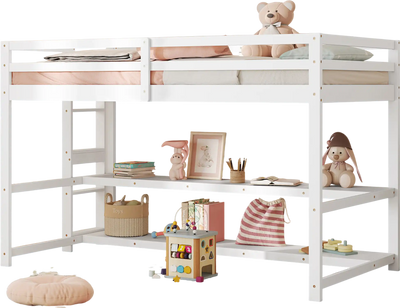 Costway Twin Loft Bed Storage Shelves Guardrails Ladder White 349862517 New