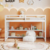 Twin size loft bed in white with storage shelves, full-length guardrails, and ladder, ideal for kids' rooms.