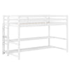 Twin size loft bed in white with storage shelves, full-length guardrails, and sturdy ladder for space-saving.