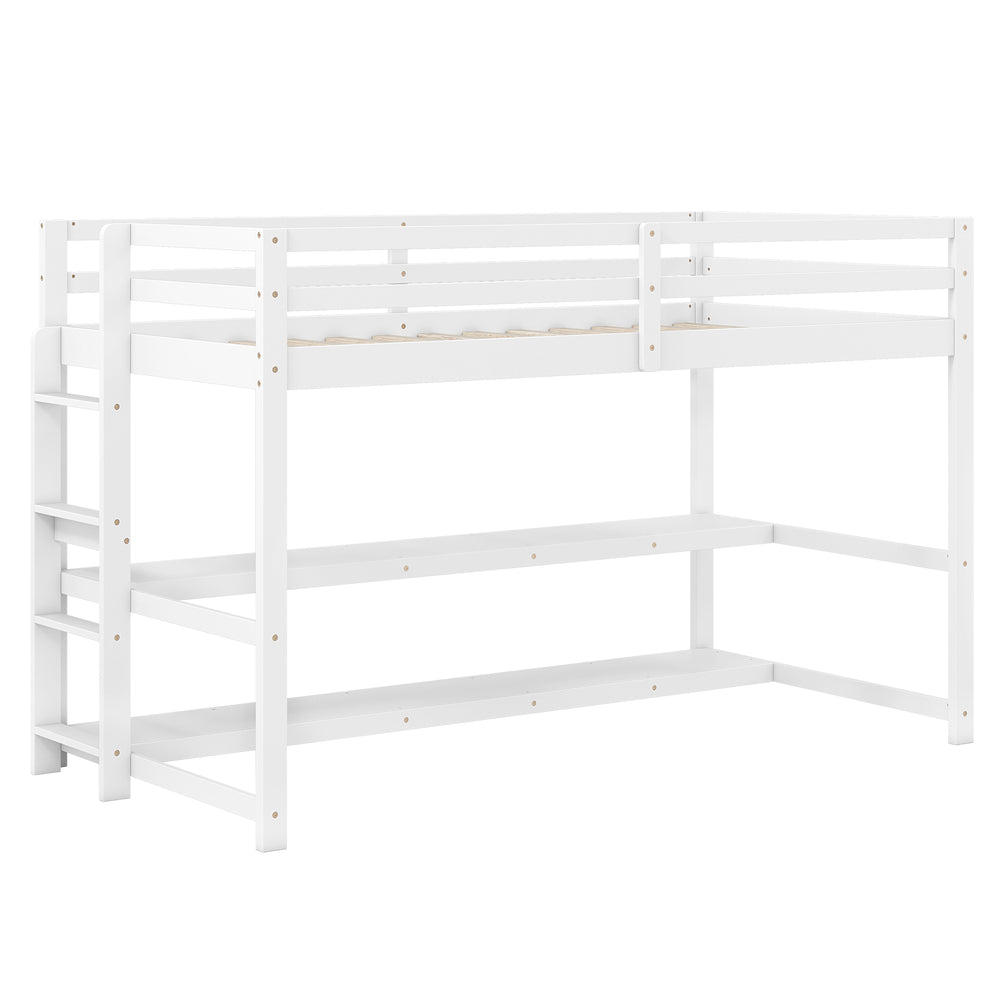 Twin size loft bed in white with storage shelves, full-length guardrails, and sturdy ladder for space-saving.