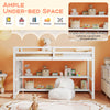 Twin size loft bed in white with storage shelves, featuring full-length guardrails and a sturdy ladder for secure.