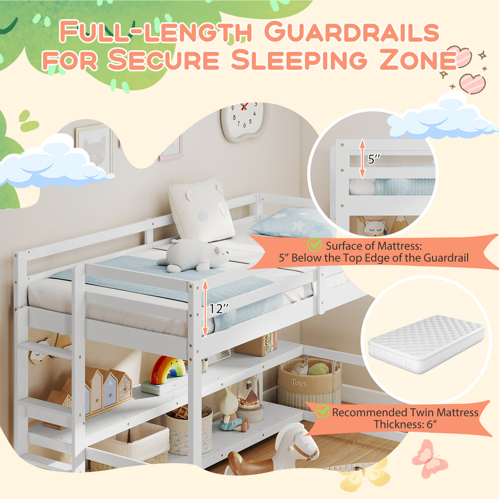 Twin size loft bed in white with full-length guardrails, storage shelves, and sturdy ladder for secure sleeping and.