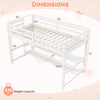 Twin size loft bed with white solid pine frame, storage shelves, and full-length guardrails, ideal for maximizing space.