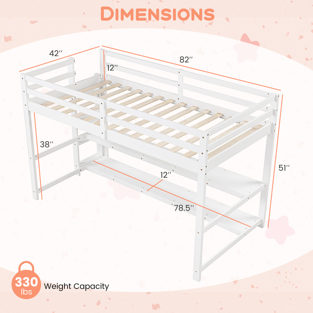 Twin size loft bed with white solid pine frame, storage shelves, and full-length guardrails, ideal for maximizing space.