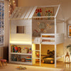 Twin size loft bed in white featuring an integrated ladder, LED lights, and ample under-bed space for storage and play.
