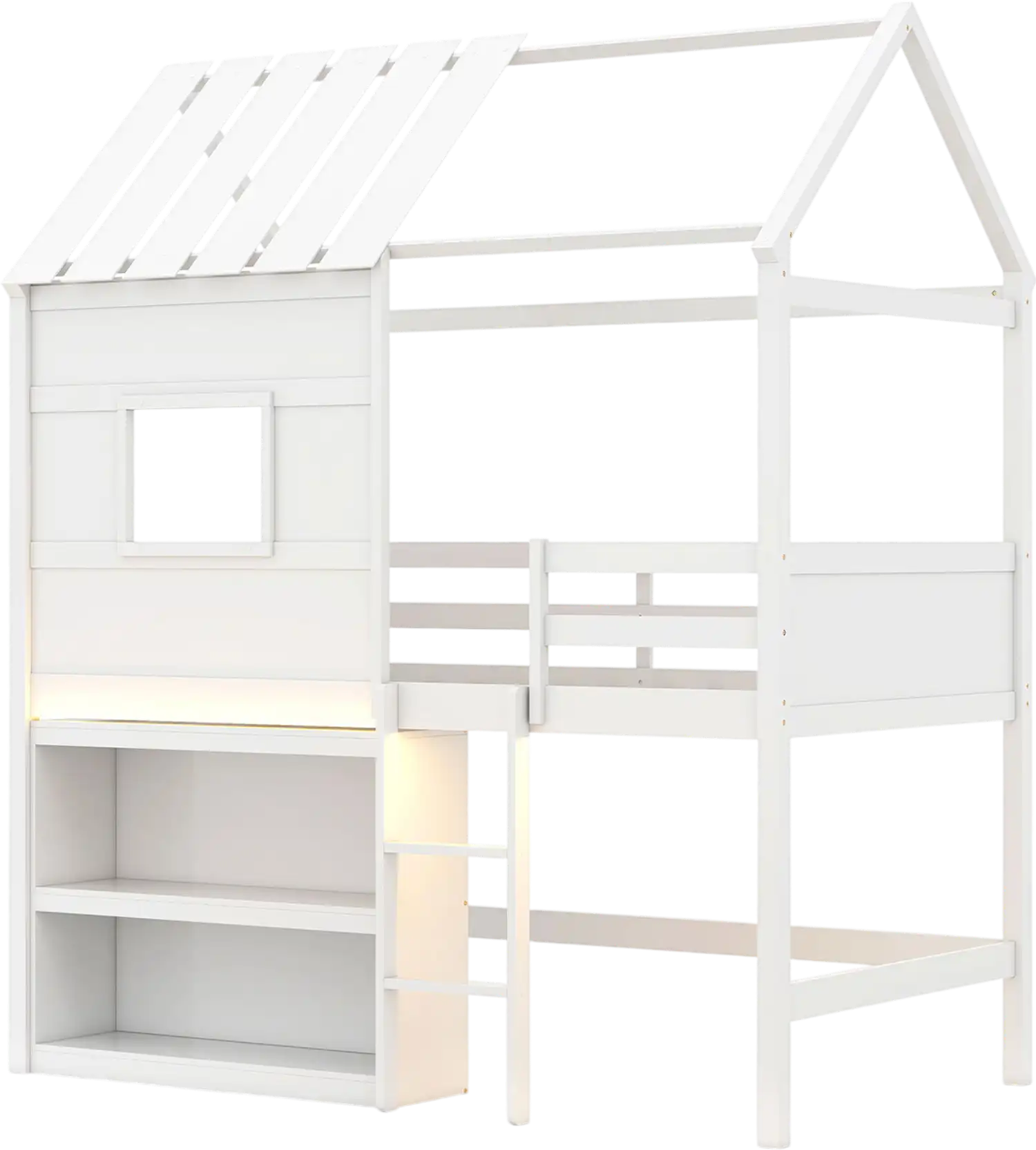 Costway Twin Loft Bed w/ LED Lights Roof Window Storage Bookshelf 40853345 New