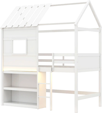 Costway Twin Loft Bed w/ LED Lights Roof Window Storage Bookshelf 40853345 New