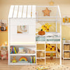 Twin size loft bed in white with roof, window, integrated bookshelf, and LED lights for a fun and organized kids' space.