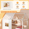 Twin size loft bed with interactive window, LED lights, and integrated bookshelf for a playful and organized bedroom.