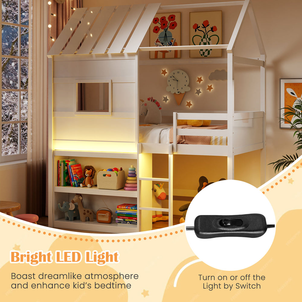 Twin size loft bed in white with bright LED lights, integrated bookshelf, and interactive window for kids' bedtime fun.