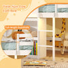 Twin size loft bed in white with full-length guardrails, integrated bookshelf, and LED lights for a cozy kids' room.