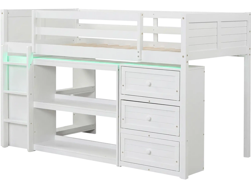 Twin size loft bed in white with LED lights, under-bed storage, and ample shelving for kids' rooms.