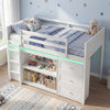 Twin size loft bed in white with LED lights, under-bed storage, and safety guard rail, perfect for kids' rooms.