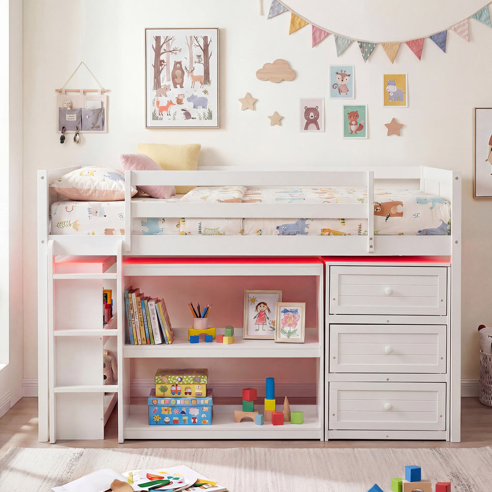 Twin size loft bed in white with LED lights, under-bed storage, and ample shelves for kids' play and organization.