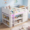 Twin size loft bed in white with LED lights, under-bed storage, and ample shelves for kids' rooms and play areas.