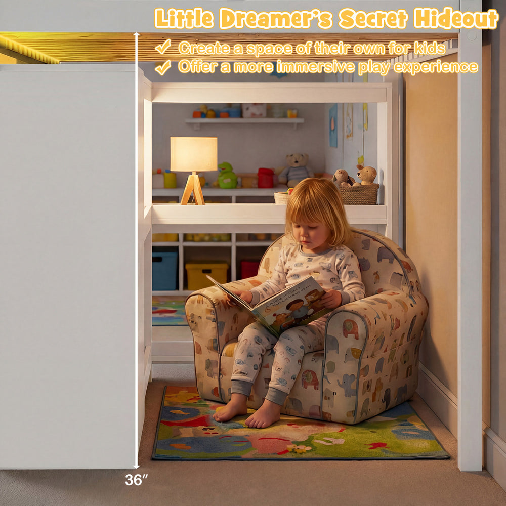 Twin size loft bed with LED lights, under-bed secret hideout, and ample storage for kids' rooms and play areas.