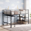Twin size loft bed in black with rolling desk and bookshelf, ideal for studying and maximizing under-bed space.