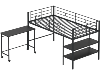 Costway Twin Loft Bed Frame w/ Rolling Desk & Bookshelf 70917324 New