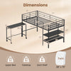 Twin size loft bed with rolling desk and bookshelf, featuring a sturdy black metal frame and integrated safety rail.
