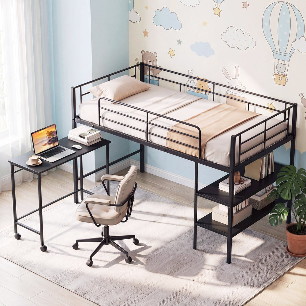 Twin size loft bed in black with rolling desk and bookshelf, perfect for studying and maximizing space in a bedroom.