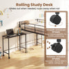 Rolling study desk with smooth universal wheels, easily glides out for use and tucks away under the loft bed.