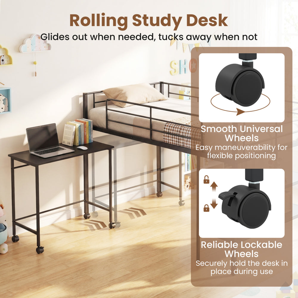 Rolling study desk with smooth universal wheels, easily glides out for use and tucks away under the loft bed.