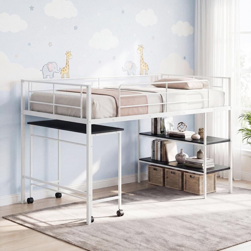 Twin Size Loft Bed with Rolling Desk and Bookshelf Platform Bed Frame-White - Gallery View 1 of 11