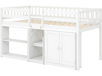 Costway Twin Low Loft Bed Wooden Kids Bed Frame with LED Lights 24169910 New