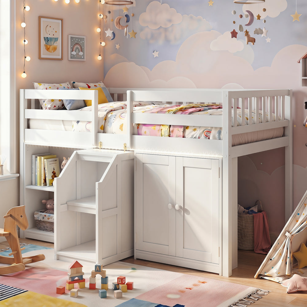 Twin size loft bed in white with LED lights, featuring under-bed space, bookshelves, and wardrobe for kids'.