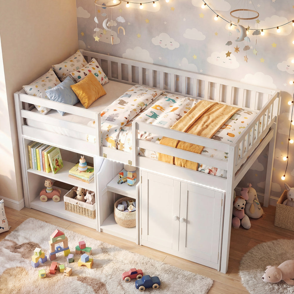 Twin size loft bed in white with LED lights, featuring bookshelves and wardrobe for kids' organization and play.