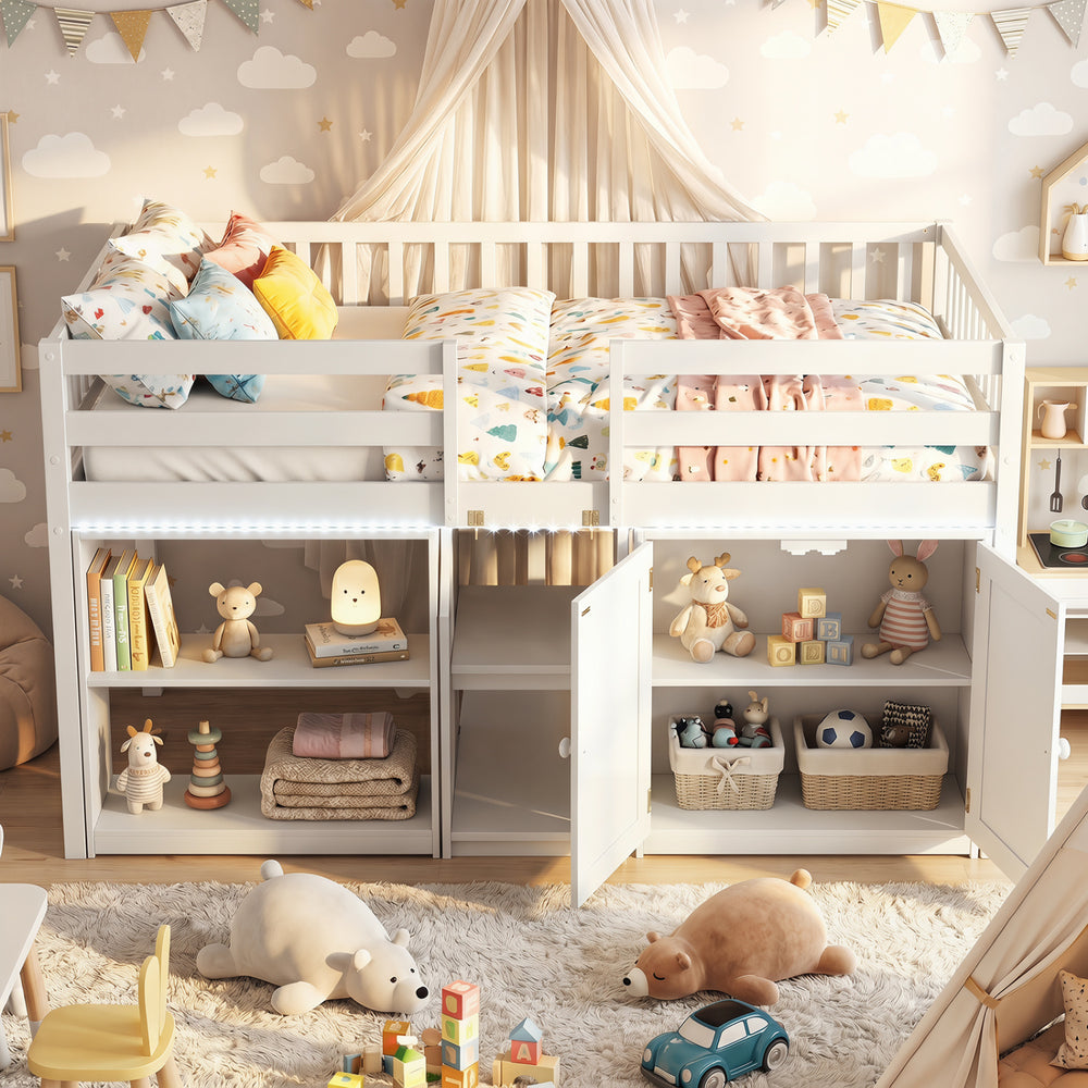 Twin size loft bed in white with LED lights, featuring under-bed storage and bookshelves for kids' toys and books.