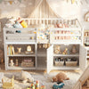 Twin size loft bed in white with LED lights, featuring under-bed storage and bookshelves for kids' toys and books.