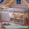 Twin size loft bed in white with LED lights, featuring under-bed storage and shelves for kids' toys and books.
