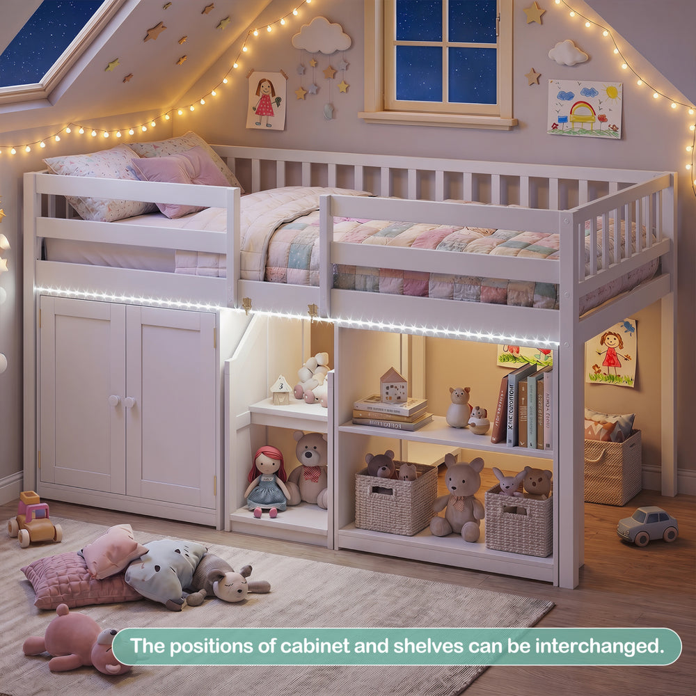 Twin size loft bed in white with LED lights, featuring under-bed storage and shelves for kids' toys and books.