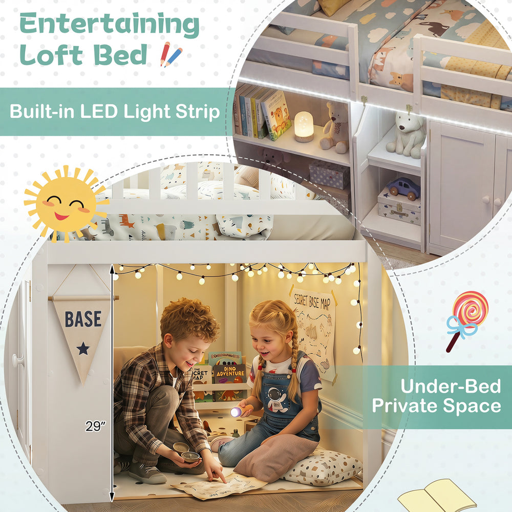 Twin size loft bed with LED lights, under-bed space for kids, and wooden frame in white for a magical sleeping area.