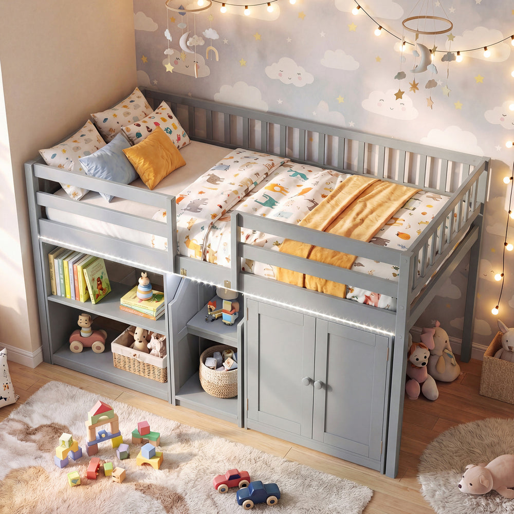 Twin Size Loft Bed with LED Lights and Kids Wooden Bed Frame-Gray - Gallery View 1 of 10