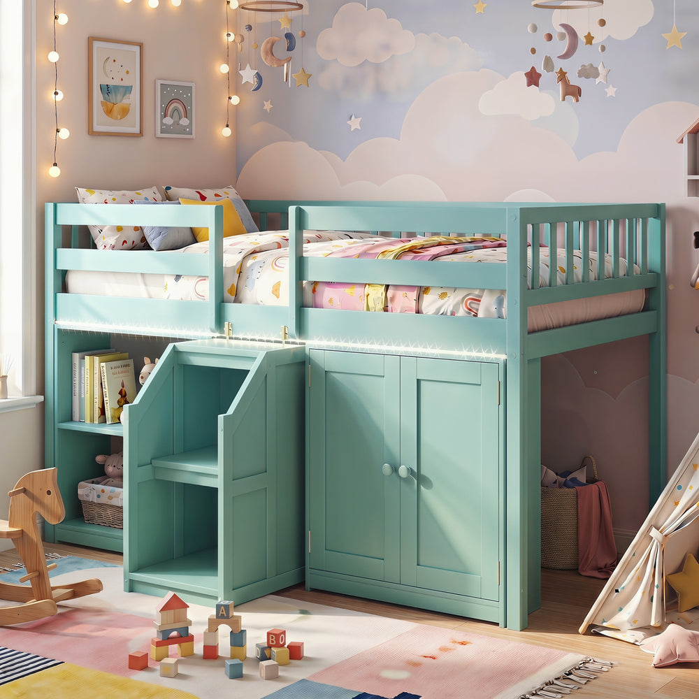 Twin Size Loft Bed with LED Lights and Kids Wooden Bed Frame-Green - Gallery View 1 of 10