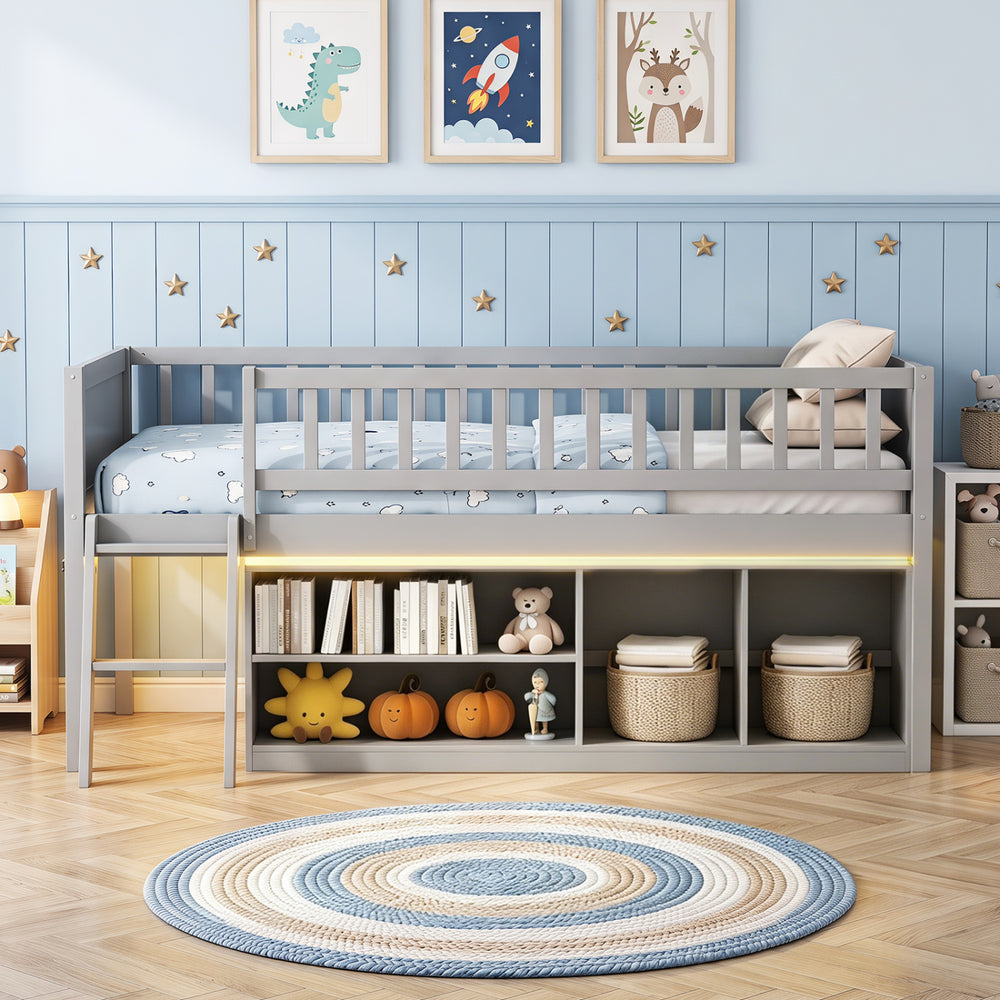Twin size loft bed in gray with adjustable LED lights, guardrails, and side bookshelves for kids' organization and safety.