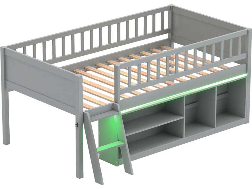 Twin size gray loft bed featuring adjustable LED lights, guardrails, and side bookshelves for kids' organization.