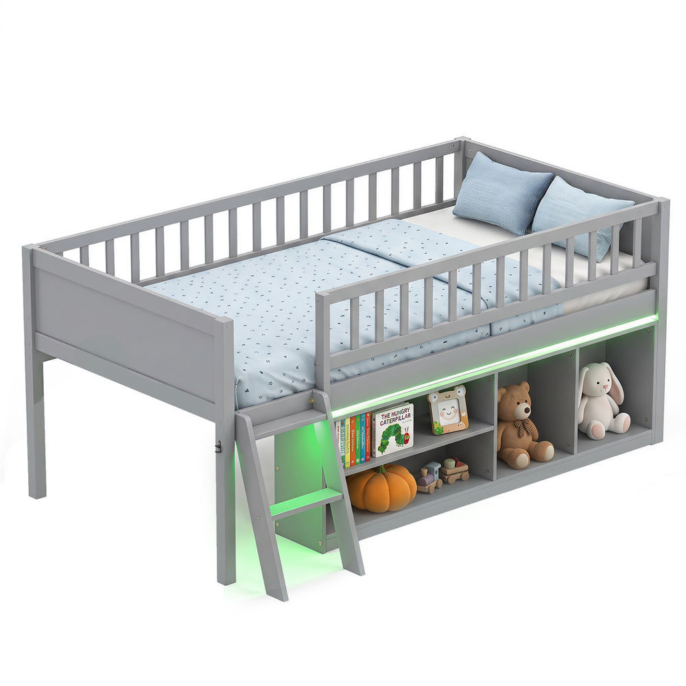 Twin size loft bed in gray with adjustable LED lights, side bookshelves, and safety guardrails for kids' rooms.