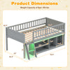 Twin size loft bed in gray with adjustable LED lights, bookshelves, and safety guardrails, ideal for kids' rooms.