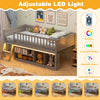 Twin size loft bed in gray features adjustable LED lights, bookshelves, and safety guardrails for kids' secure play.
